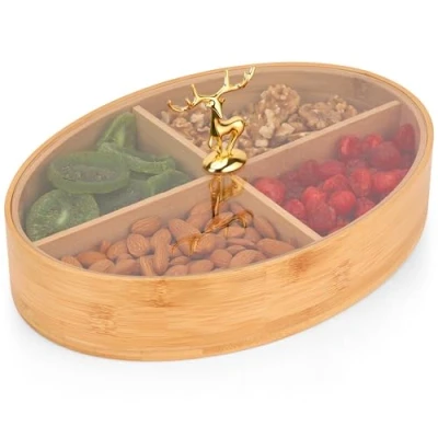 Imagen de BELLE VOUS Caja de Madera con Tapa y 4 Compartimentos Redonda 29 cm x 12 Decorativa Multiusos para Te e Infusiones, Joyas, Manualidades, Almacenaje
