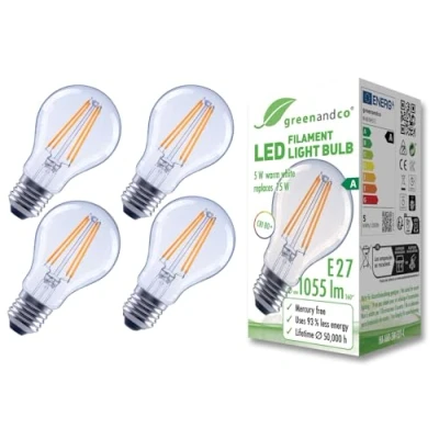 Imagen de greenandco 4x bombilla de filamento LED transparente E27 A60 5W 1055lm sustituye A 75W 2700K blanco cálido 320 230V sin parpadeo clase energética no regulable