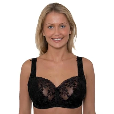 Imagen de Brasier de encaje bordado floral con aros sin relleno para mujer, copas D J, Negro, 90F