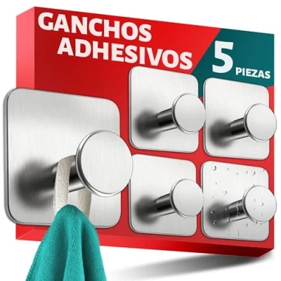 Imagen de Menz colgador toalla baño sin taladro SET de 5 ganchos adhesivos para pared modernos colgadores resistentes inoxidables perchas adhesivas fuertes