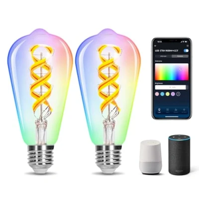 Imagen de Aigostar Bombilla Inteligente E27 Edison Alexa 6W ST64 (ST64 4.9W RGB+CCT, 2 Uds)