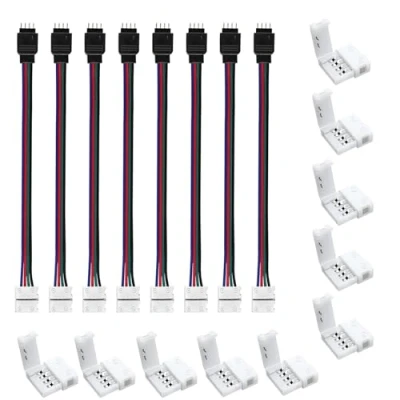 Imagen de ENQIMAOYI Kit de conectores LED RGB 4 pines 8 mm, paquete 10 sin soldadura y tiras conductoras a adaptador alimentación puente controlador para cinta tira luces