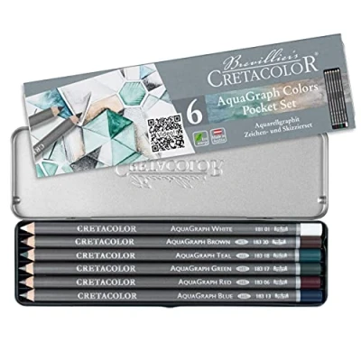 Imagen de CRETACOLOR Aquagraph Colors Pocket Set, lápices de grafito acuarelables con acentos color para efectos acuarela, rojo/azul/verde/petróleo/marrón/blanco, en práctico y resistente estuche metálico