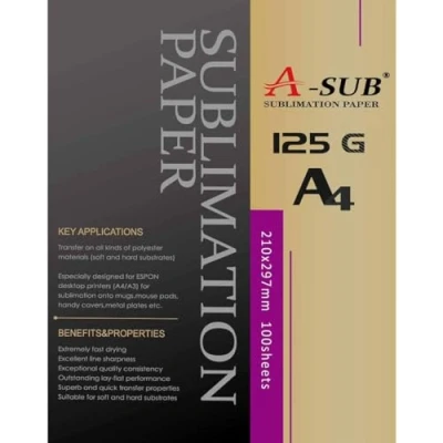 Imagen de A SUB Papel de sublimación A4, 210x297 mm, 100 hojas, 125 g/m², Compatible con la impresora EPSON, SAWGRASS, RICOH, BROTHER