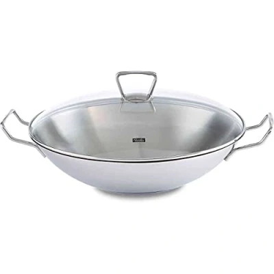 Imagen de Fissler Kunming wok de acero inoxidable, 36 cm diámetro, sin revestimiento, con complemento rejilla y tapa cristal, sartén grande, asiática, para todo tipo placas, también inducción