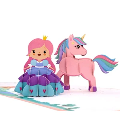 Imagen de MOKIO® Tarjeta Pop Up Princesa y Unicornio de felicitación 3D para un cumpleaños, regalo emergente con sobre