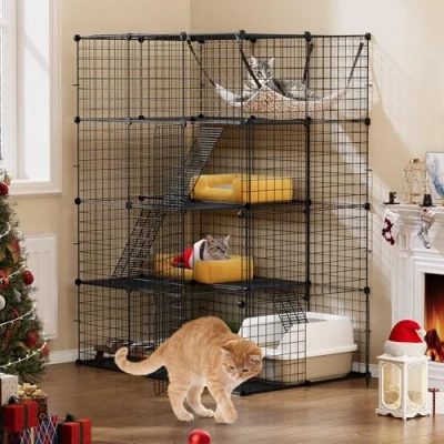 Imagen de YITAHOME Jaula Grande para Gatos, Parque de Metal Mascota 4 Niveles con Puertas, 3 Escaleras, Hamaca Grande, Jaulas 1 Conejito, Negro, 104 x 72 140 cm