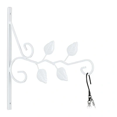 Imagen de Relaxdays Soporte de lámpara Flores Gancho Macetas Pared, Diseño Hojas, Colgador Macetero o Farol, 30 x 29,5 2 cm, Percha Jardín, Hierro, Blanco