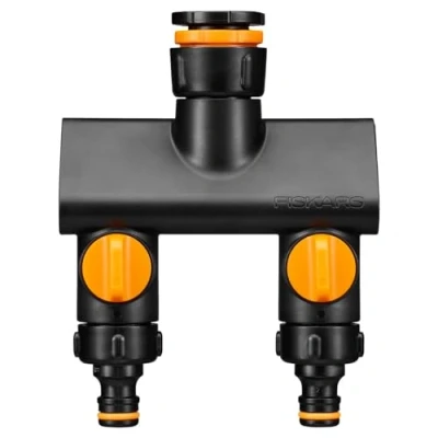 Imagen de Fiskars Conector de grifo 2 vías, Con válvulas apertura/cierre, Para 3 tamaños rosca Ø 21 mm (1/2&quot;), 26,5 (3/4&quot;) y 33,3 (1&quot;), Comfort, Negro/Naranja, 1070577
