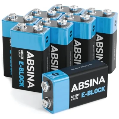Imagen de ABSINA 8 pilas alcalinas de 9 V V, larga duración y a prueba fugas para detectores humo mucho más, batería bloque