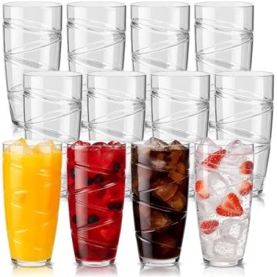 Imagen de HEFTMAN Juego de 12 vasos plástico acrílicos 550 ml con diseño remolino, reutilizables apilables para jardín, picnic, camping, barbacoas, fiestas o uso diario (transparente)