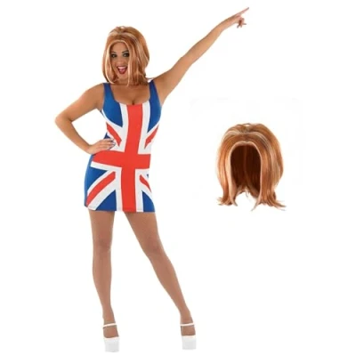 Imagen de Fun Shack Disfraz Estrella Del Pop Britanica Mujer, (con Peluca) Vestido Union Jack, Cantante, Años 90 Mujer Carnaval L