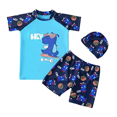 Imagen de FedMois Traje de Baño para Ninos Conjunto 3 Piezas Camiseta + Pantalones Cortos Gorro, Dinosaurio patineta, 4 5 años