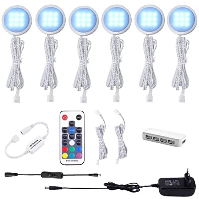 Imagen de AIBOO Cocina LED RGB debajo de la lámpara del gabinete con control remoto inalámbrico RF, Iluminación empotrada ultradelgada redonda para armario, Luces escaparate 12V 12W(Paquete 6)