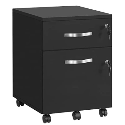 Imagen de VASAGLE Archivador con Cerradura, Pedestal de Archivo 2 Cajones, 5 Ruedas y Rieles Suspensión Ajustables, Superficie Texturizada, para Papel Tamaño A4 Carta, Oficina en Casa, Negro LCD22BV1