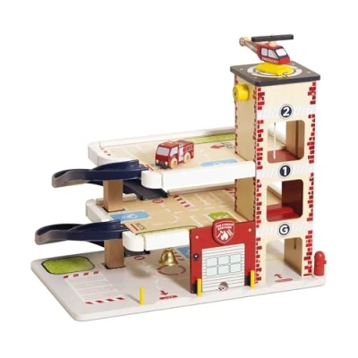 Imagen de Le Toy Van TV453 Estación de Bomberos Juguete para Niños, 3 Años, Madera Certificada FSC, Incluye 1 Camión Bomberos, Helicóptero, Garaje Apertura, Ascensor, Timbre Emergencia