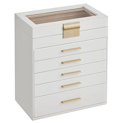 Imagen de SONGMICS Caja de Joyas, Joyero con 6 Niveles, Estuche para Joyería Tapa Cristal, 5 Cajones, Gafas Sol, Joyas Grandes, Moderno, Blanco Nube y Dorado JBC171W01