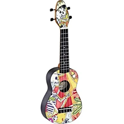 Imagen de Ortega Guitars Ukelele Soprano Keiki K2 con diseño de Esqueleto incluye afinador, 5 puas grosor medio y funda estilo bolsa cuerdas logo madera Kauri, EM