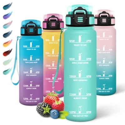 Imagen de Motswedi Botella Agua Gimnasio, 1L sin BPA, Agua, Reutilizable, con Marcador de Tiempo, Cantimplora para Oficina, Escuela, Yoga, Azul Verdoso 3245C