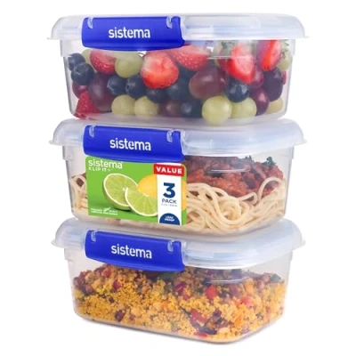 Imagen de Sistema KLIP IT PLUS recipientes rectangulare para guardar alimentos 1 l Fiambreras apilables, a prueba de fugas y aptas el frigorífico/congelador Sin BPA 3 unidades