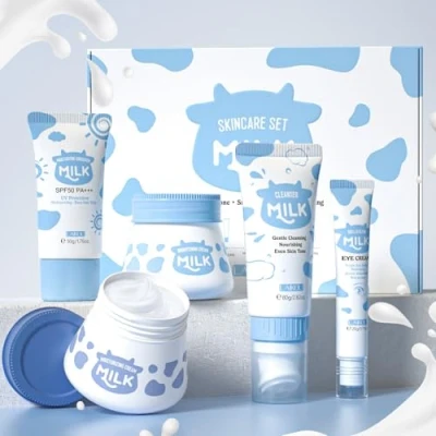 Imagen de LAIKOU Set Regalo Cuidado de la Piel Mujer, Limpiador Facial e Hidratante, 5pcs Kit Skincare Leche Crema para Ojos Filtro Solar, Adolescentes y Mujeres