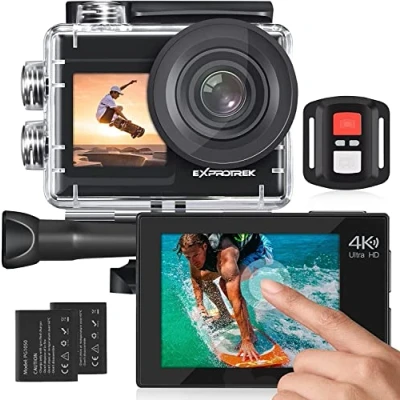 Imagen de Exprotrek cámara de acción 4K con Pantalla táctil, EIS Gran Angular 170, subacuática Impermeable 40 m, Deportiva Control Remoto Kit Accesorios para Casco