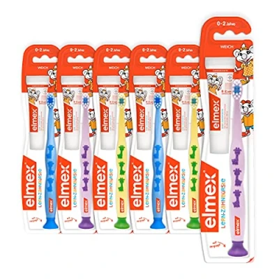 Imagen de elmex Cepillo de dientes aprendizaje suave, 6 unidades, para niños 0 a 2 años, con pasta bebé 20 ml