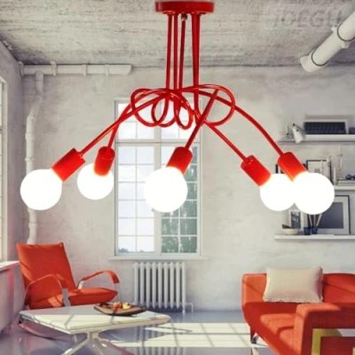 Imagen de iDEGU lámpara de techo industrial retro metal, E27, moderna para sala estar, dormitorio, comedor (rojo, 5 lámparas) sin bombillas