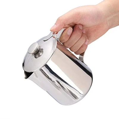 Imagen de Taza de Acero Inoxidable Café Leche Espuma Jarra con Tapa para Latte Coffee Art Oficina Cocina Asa(600mL)