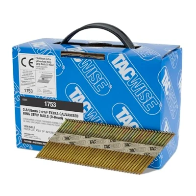 Imagen de TACWISE 1753 Clavos para Enmarcado 2,8/65 mm, Galvanizado Extra, Cabeza a “D, Vástago Anillado Inclinado 34, en Cintas de Papel, Paquete 1600