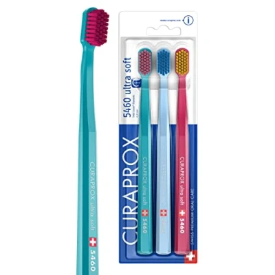 Imagen de Curaprox Juego de Cepillos Dentales CS 5460 Paquete 3 Manuales Ultra Suaves para Adultos con Cerdas CUREN Super Turquesa, Azul Claro, Magenta