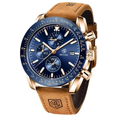 Imagen de BENYAR Reloj para Hombre, cronógrafo de Cuarzo Deportivo, Marca Lujo Negocios Moda, Hombre con Fecha analógica Resistente al Agua（Marrón Dorado Azul）