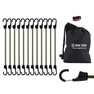 Imagen de MAGMA Pack 12 Pulpos Elásticos Transporte Tensor Cuerda Elástica para Coche, Moto, Bici, Camping, Portabicicletas, Remolques, Toldos y Lonas Ganchos de Acero Protegido, Incluye Bolsa Verde 1m