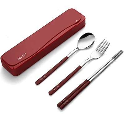 Imagen de DEVICO Utensilios de viaje, 18/8 acero inoxidable 4 piezas, juego cubiertos portátil, campamento reutilizable, incluye tenedor cuchara palillos con funda (rojo)