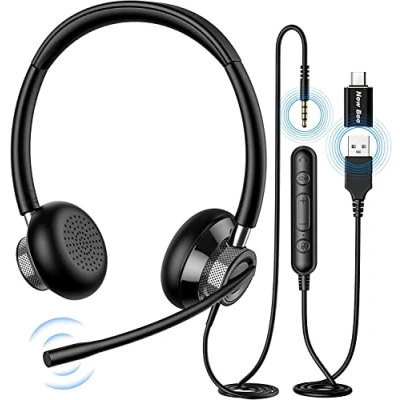 Imagen de New bee Auriculares para Ordenador con micrófono, USB Tipo C, 3,5 mm, Centro de Llamadas, Oficina, conferencias, Chat, presentaciones seminarios Web, cursos en línea (1 Unidad)