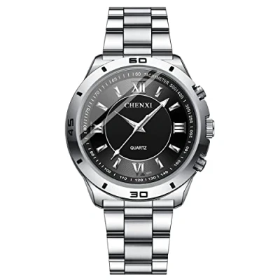 Imagen de JewelryWe Reloj de Cuarzo para Hombre, Hombre Simple Tendencia Bar Scale Dial Luminous Hands Correa Acero Inoxidable (Negro)