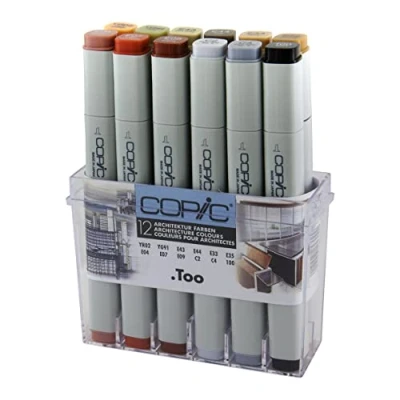 Imagen de COPIC Classic Set «Architecture Colours», 12 piezas en expositor acrílico, rotulador doble con punta media y fina