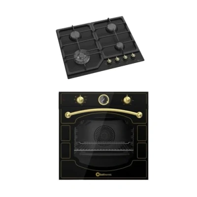 Imagen de CONJUNTO ENCIMERA GAS + HORNO ELECTRICO MULTIFUNCION/ESTILO RUSTICO NEGRO CON MANDOS DORADOS/ANCHO 60 CMS/ENCIMERA 4 FUEGOS/HORNO 64 L.