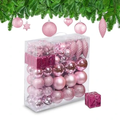 Imagen de Relaxdays Set 110 Bolas Árbol Navidad, Decoración Navideña Plástico, Adornos Colgantes, Espumillones, Fucsia, 9 x 8 cm