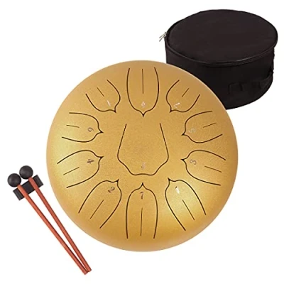 Imagen de LOMUTY 12 Pulgadas 30 CM Tambor de Lengua Acero 11 Notas Clave C Instrumento percusión Handpan Drum con Bolsa Tansporte, Partitura, Baquetas, Púas Dedo(Oro)
