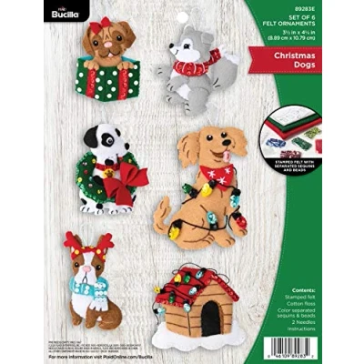 Imagen de Bucilla Kit de Adornos Fieltro con Apliques, Juego 6, Algodón, Perros Navidad