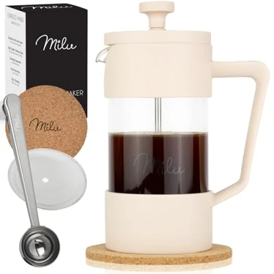 Imagen de Milu French Press Cafetera 350 ml, 600 1 L Prensa de café cristal, para casa, viajes, camping, incluye posavasos, cuchara, filtro repuesto (beige, 1000 ml (5 tazas)