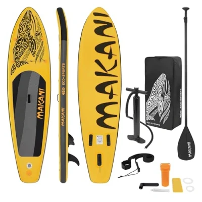 Imagen de ECD Germany Tabla Hinchable de Paddle Surf Sup Makani 320 x 80 15 cm PVC con Bomba Aire, Bolsa Transporte y Accesorios, Placa Stand Up para Adulto Niño Carga hasta 120 kg, Color Amarillo
