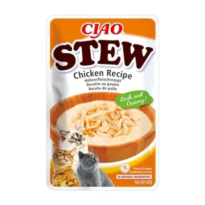 Imagen de INABA Churu Stew Guiso para Gatos Snacks Receta con Pollo Premios Ricos y Cremosos Sin Cereales, Conservantes, Colorantes Pocas Calorías 40g