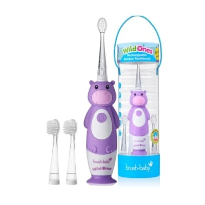 Imagen de Brush Baby WildOnes Cepillo de dientes eléctrico recargable para niños, 1 mango, 3 cabezales, cable carga USB, edades 0 10 (hipopótamo)