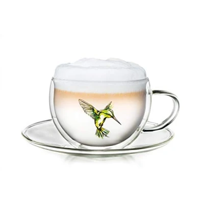 Imagen de Creano Taza Térmica Hummi, para Té/Latte Macchiato, de Doble Pared, con Impresión Colibrí 250ml, Azul