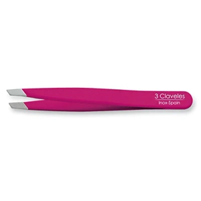 Imagen de 3 Claveles 12278 Pinza Depilar Sesgada, Inoxidable de 9 Cm, color Rosa, 1 Unidad (Paquete 1)