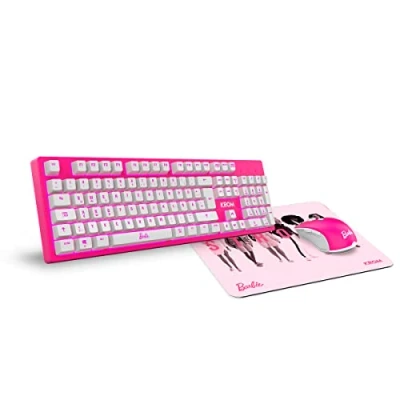 Imagen de KROM Kit teclado, Ratón y Alfombrilla edición Barbie KANDY Teclado membrana LED Blanco, con sensor óptico 6400 DPI, de goma suave resistente, layout Alemán, color rosa