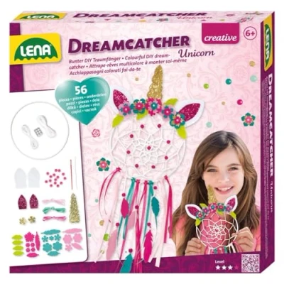 Imagen de Lena 42701 juego de manualidades para atrapasueños con unicornio, 56 piezas, completo anillo, cintas colores y cordones, aguja plástico