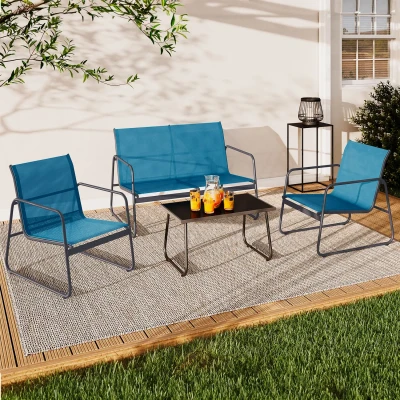 Imagen de Conjunto de muebles bajos jardín MALAGA 4 plazas con sofá, sillones y mesa azul pato